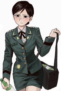 Rule 34 | 1girl, alcohol, bag, black eyes, black hair, bottle, bow, bowtie, breasts, buttons, cowboy shot, green jacket, green skirt, holding, holding bag, holding bottle, jacket, lapels, medium breasts, military dress uniform, military uniform, min do-sik, original, parted bangs, pencil skirt, republic of korea army, shirt, short hair, shoulder bag, shoulder boards, skirt, white shirt