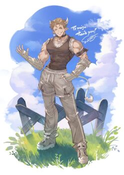 Rule 34 | 1boy, arm belt, arm warmers, ayacho, bandaged arm, bandages, bara, bell, black tank top, brown eyes, brown hair, cloud, collar, commentary request, commission, covered abs, cow boy, cow horns, cow tail, earrings, facial scar, fence, full body, gloves, grass, grey pants, grey shorts, hand in pocket, horns, huge pectorals, jewelry, layered clothes, looking at viewer, male focus, muscular, muscular male, one eye closed, original, outdoors, pants, pectoral cleavage, pectorals, pointy ears, scar, scar across eyebrow, scar on cheek, scar on face, shirt, shoes, shorts, signature, sky, smile, sneakers, solo, spiked hair, taejun (mogu), tail, tank top, thank you, v-taper, waving, white shirt