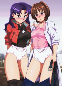2girls age_difference arms_at_sides belt blush breasts brown_hair cameltoe cityscape clenched_hand collared_shirt cross cross_necklace embarrassed euf-dreamer eyelashes female_focus fingernails half-closed_eyes hand_on_another&#039;s_shoulder hand_up highres ikari_yui index_finger_raised jacket jewelry katsuragi_misato lab_coat legs long_hair looking_at_viewer mature_female medium_breasts medium_hair multiple_girls neck necklace neon_genesis_evangelion open_belt outdoors panties pants pants_rolled_up parted_bangs public_indecency purple_hair seductive_smile shiny_clothes shiny_skin shirt shirt_tucked_in sidelocks sky smile standing thighs time_paradox turtleneck underwear white_panties yellow_eyes