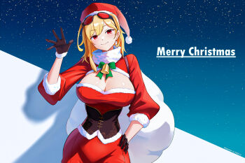 Rule 34 | black corset, blonde hair, breasts, corset, dreamoon-q, gloves, hat, highres, hololive, hololive indonesia, kaela kovalskia, red eyes, red goggles, santa costume, santa hat, virtual youtuber