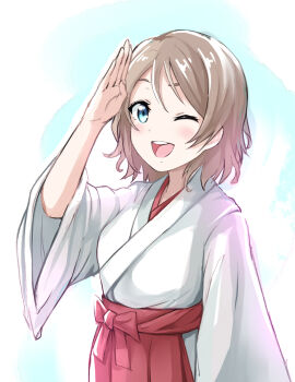 Rule 34 | 1girl, blue eyes, blush, brown hair, highres, japanese clothes, kanabun, kimono, looking at viewer, love live!, love live! sunshine!!, salute, short hair, simple background, solo, watanabe you