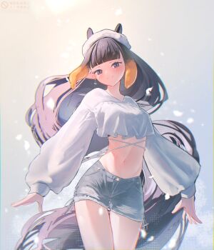 1girl absurdres artist_name black_eyes black_hair blunt_bangs blush closed_mouth commentary cowboy_shot cropped_shirt denim denim_shorts earrings floomf hat highres hololive jewelry long_hair looking_at_viewer midriff navel ninomae_ina&#039;nis pointy_ears shirt shorts signature solo tentacle_hair thigh_gap very_long_hair virtual_youtuber white_hat white_shirt