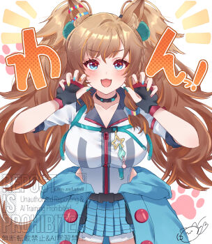 1girl animal_ears belt black_belt black_choker black_gloves blast_onepiece_(umamusume) blue_eyes blue_skirt blush braid breasts brown_hair choker claw_pose collarbone fingerless_gloves fluffy_hair gloves hair_between_eyes hair_ornament highres horse_ears horse_girl horse_tail jacket large_breasts long_hair looking_at_viewer messy_hair multicolored_nails nyanto!_(nyandarfull) open_mouth short_sleeves shorts side_braid skirt smile solo tail twintails umamusume white_jacket white_shorts