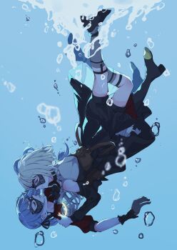 2girls bang_dream! bang_dream!_it&#039;s_mygo!!!!! blonde_hair blue_hair bubble closed_eyes day doloris_(bang_dream!) domino_mask eye_mask gloves hands_on_another&#039;s_shoulders highres long_hair mask misumi_uika multiple_girls oblivionis_(bang_dream!) purple_eyes rousei shoes short_hair sinking skeleton togawa_sakiko underwater yuri