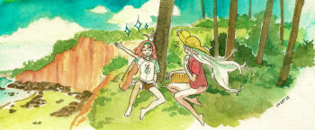 2girls arm_up barefoot blue_sky brown_shorts bush cliff closed_eyes cloud commentary_request dated eudetenis floating_hair green_hair guitar hand_up hat highres instrument long_hair medium_hair multiple_girls no_pants open_mouth original painting_(medium) parted_lips pointy_ears print_shirt red_hair red_shirt shirt shore short_shorts short_sleeves shorts sitting sky smile sparkle sun_hat t-shirt traditional_media tree watercolor_(medium) white_shirt
