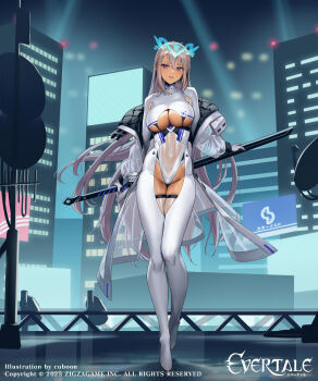 1girl artist_name bodysuit breasts city_lights cleavage clothing_cutout commentary_request copyright_notice cuboon elmina_(evertale) english_text evertale full_body gloves grey_hair groin hair_between_eyes highres jacket large_breasts logo long_hair looking_at_viewer pointy_ears purple_eyes radar_dish revealing_clothes skindentation solo standing sword underboob underboob_cutout weapon white_bodysuit white_jacket