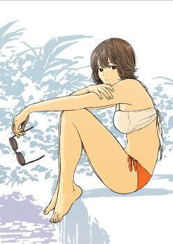 Rule 34 | 1girl, bare legs, barefoot, bikini, brown hair, expressionless, unworn eyewear, from side, highres, holding, holding removed eyewear, knees up, leaf, looking at viewer, orange bikini, original, plant, shadow, sitting, solo, sunglasses, swimsuit, tanaka hirotaka, white bikini