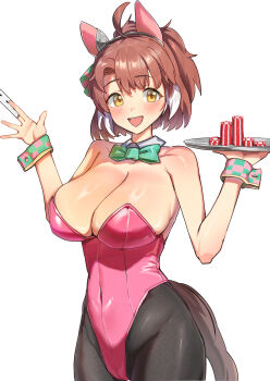 1girl absurdres ahoge alternate_costume amepa_(ame_pinecandy) animal_ears aqua_bow bare_shoulders black_pantyhose blush bow breasts brown_hair card colored_tips commentary_request cowboy_shot dantsu_flame_(umamusume) detached_collar ear_covers ear_ornament hair_between_eyes highleg highleg_leotard highres holding holding_card holding_tray horse_ears horse_girl horse_tail leotard looking_at_viewer medium_hair multicolored_hair nontraditional_playboy_bunny open_mouth pantyhose pink_leotard playing_card poker_chip revision simple_background smile solo strapless strapless_leotard streaked_hair tail tray umamusume white_background white_hair wrist_cuffs yellow_eyes