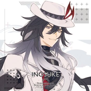 Rule 34 | 1boy, artist name, ashveil (honkai: star rail), blue eyes, bright pupils, buckle, commentary request, english text, fedora, gradient hair, grey eyes, hair between eyes, hat, hat ornament, honkai: star rail, honkai (series), ino kevin, jacket, long hair, multicolored hair, partially open jacket, shirt, smile, turtleneck, turtleneck shirt, v-shaped eyebrows, very long hair, white jacket