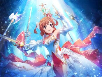 Rule 34 | 1girl, aijou karen, armor, arthurian legend, axe, battle axe, breasts, brown eyes, brown hair, cosplay, crown, dagger, detached sleeves, dress, dutch angle, earrings, floating, floating object, game cg, gloves, hand up, holding, holding sword, holding weapon, jewelry, king arthur (mythology), king arthur (mythology) (cosplay), knife, lance, looking at viewer, medium breasts, mini crown, official art, outstretched arm, parted lips, polearm, shoujo kageki revue starlight, shoujo kageki revue starlight -re live-, shoulder armor, solo, spotlight, staff, standing, sword, tilted headwear, two side up, upper body, weapon, white dress, white gloves, white sleeves