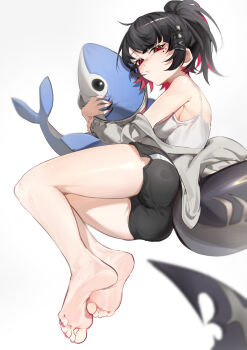 1girl :/ absurdres alternate_costume alternate_hairstyle bare_shoulders barefoot black_hair black_shorts blurry blurry_foreground breasts cleavage closed_mouth colored_inner_hair commentary_request dolphin_shorts ellen_joe feet fins fish_tail grey_jacket half-closed_eyes harry80779192 highres holding holding_stuffed_toy hugging_object jacket looking_at_viewer lying medium_breasts mole mole_under_eye multicolored_hair nail_polish off_shoulder on_side ponytail razor_blade_hair_ornament red_eyes red_nails scar scar_on_tail shark_girl shark_tail shorts simple_background soles solo stuffed_animal stuffed_shark stuffed_toy tail tank_top toenail_polish toenails toes white_background white_tank_top zenless_zone_zero