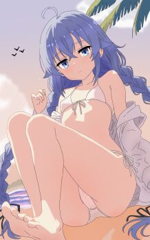 1girl absurdres ahoge alternate_costume ass barefoot beach beryuia bikini blue_eyes blue_hair braid breasts cameltoe closed_mouth collarbone commentary crotch_seam day english_commentary feet foot_out_of_frame front-tie_bikini_top front-tie_top highres hood hoodie loli long_braid long_hair looking_at_viewer mushoku_tensei ocean on_ground open_clothes open_hoodie outdoors roxy_migurdia sand see-through_clothes side-tie_bikini_bottom sitting sky small_breasts soles string_bikini swimsuit thighs twin_braids very_long_hair white_bikini white_hoodie