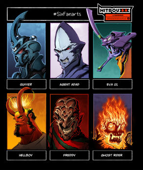 5boys a_nightmare_on_elm_street adad_(ultraman) alien armor artist_name beard black_hair character_name demon_boy demon_horns eva_01 evangelion_(mecha) facial_hair fire flaming_skull freddy_krueger ghost_rider ghost_rider_(series) glowing glowing_eye green_sweater guyver_i hellboy highres horns kyoushoku_soukou_guyver male_focus marvel mecha multiple_boys multiple_drawing_challenge neon_genesis_evangelion nitrouzzz parted_lips power_armor red_eyes red_sweater robot scowl single_horn six_fanarts_challenge skull smile striped_clothes striped_sweater sweater ultra_series ultraman_(hero&#039;s_comics) v-shaped_eyebrows yellow_eyes