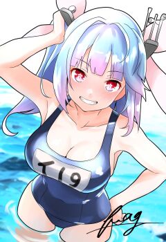 1girl blue_hair blue_one-piece_swimsuit blush breasts cleavage covered_navel flower-shaped_pupils furaggu_(frag_0416) grin hair_ornament hair_ribbon highres i-19_(kancolle) kantai_collection large_breasts looking_at_viewer name_tag one-piece_swimsuit open_mouth red_eyes ribbon school_swimsuit signature smile solo swimsuit symbol-shaped_pupils tri_tails twintails water