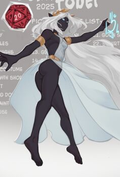 1girl armlet ass bare_arms bare_legs bare_shoulders barefoot black_skin blue_sclera breasts colored_sclera colored_skin commentary d20_(die) dark_elf dice dress elf english_commentary english_text feet floating from_below full_body grey_background highres jewelry laurel_crown legs long_hair malberrybush medium_breasts original pointy_ears polyhedral_dice side_slit simple_background sleeveless sleeveless_dress solo very_long_hair white_dress white_hair