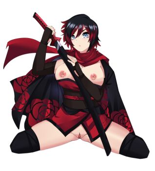 1girl black_hair blue_eyes breasts katana large_breasts ninja nipples red_hair ruby_rose rwby samurai short_hair sword vaginal weapon