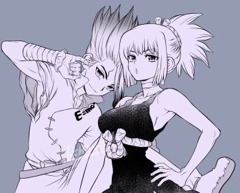 Rule 34 | 1boy, 1girl, bandaged arm, bandages, belt, belt bow, boots, bow, bow choker, breasts, choker, cleavage, cleavage cutout, closed mouth, clothing cutout, collarbone, dr. stone, dress, dress bow, e=mc2 (equation), facial mark, gradient hair, grey background, hand on own face, hand on own hip, hand up, hetero, high ponytail, implied hetero, ishigami senkuu, kohaku (dr. stone), leg up, light smile, looking at viewer, medium hair, monochrome, multicolored hair, ninomae gin, open mouth, ponytail, rope, rope around waist, rope belt, sideboob, sidelocks, signature, simple background, smile, spiked hair, white choker, white rope