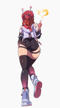 1girl absurdres ahoge arm_at_side arm_up artist_name ass back back_cutout black_gloves black_leotard black_thighhighs brand_name_imitation bushii_(bo0xhy) clothing_cutout contrapposto eika_(galactic_express)_(strinova) eika_(strinova) elbow_gloves female_focus fingerless_gloves fire from_behind full_body gloves headgear heart highres hood hood_down hoodie huge_ass index_finger_raised leotard long_hair ponytail pyrokinesis red_hair shoes skindentation solo strinova thick_thighs thigh_strap thighhighs thighs white_hoodie white_shoes