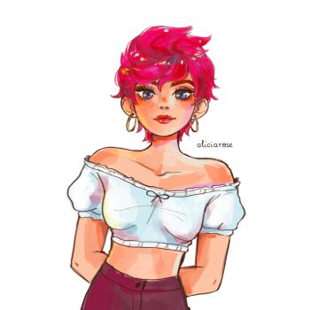 1girl alicia_rose arms_behind_back artist_name bare_shoulders commentary cowboy_shot crop_top dress earrings english_commentary facing_viewer highres jewelry jojo_no_kimyou_na_bouken looking_at_viewer makeup mascara pink_hair pompadour purple_eyes red_lips shirt short_dress simple_background smile solo trish_una white_background white_shirt