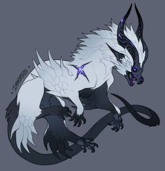 absurdres animal_focus artist_name beak claws commentary commentary_request creature dragon fangs feathers fluffy highres horns immorthis limited_palette monster original reference_sheet scar simple_background tail teeth