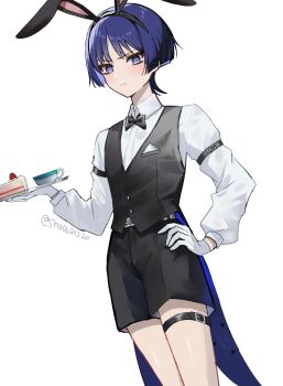 Rule 34 | 1boy, alternate costume, animal ear hairband, animal ears, arm at side, arm belt, belt, belt buckle, black belt, black bow, black bowtie, black hairband, black shorts, black vest, blunt ends, bow, bowtie, breast pocket, bright pupils, buckle, cake, choppy bangs, closed mouth, coattails, collared shirt, commentary request, cowboy shot, cup, dutch angle, eyeliner, fake animal ears, food, formal clothes, genshin impact, gloves, hairband, hand on own hip, hand up, highres, holding, holding tray, light blush, light frown, long sleeves, looking at viewer, makeup, male focus, pocket, purple eyes, purple hair, rabbit ears, red eyeliner, scaramouche (genshin impact), shirt, shorts, snow20200, solo, strawberry shortcake, tailcoat, teacup, thigh belt, thigh strap, tray, tsurime, twitter username, undershirt, vest, white background, white gloves, white pupils, white shirt, white sleeves, wing collar