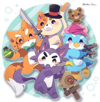Rule 34 | blush, bow, bowtie, commentary request, dual wielding, explosive, full body, green bow, green bowtie, grenade, gun, handgun, hat, highres, holding, holding grenade, holding gun, holding sword, holding weapon, monocle, pink hat, purple eyes, roku (rokkrn), super animal royale, super bear, super cat, super fox, super skullcat, super songbird, sword, top hat, weapon