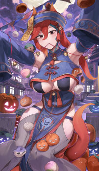 1girl absurdres blush breasts closed_mouth commentary detached_sleeves hair_between_eyes halloween highres horns jiangshi_costume large_breasts long_hair long_sleeves looking_at_viewer monster_girl original outdoors outstretched_arms red_eyes red_hair sakoku_(oyatsu3ji_) sleeves_past_fingers sleeves_past_wrists solo symbol-only_commentary tail