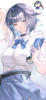 1girl abigail_(black_survival) absurdres alternate_costume arm_behind_head belt black_belt black_choker black_hair black_survival blue_hair blue_nails blue_ribbon blue_skirt chinese_commentary choker closed_mouth collared_shirt commentary_request cowboy_shot dated earrings eternal_return:_black_survival green_eyes hair_ornament hairclip highres holding holding_phone jewelry leni_(black_survival) light_blush looking_at_viewer nail_polish parallel_hairclips phone ribbon shirt short_hair short_sleeves sidelocks signature simple_background skirt solo toko_yuan_zi translation_request white_background white_shirt