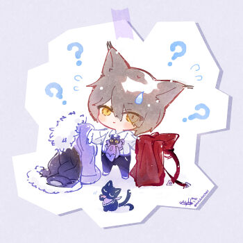 Rule 34 | 1boy, ?, animal, arknights, black cat, black jacket, black pants, blush stickers, brown eyes, brown hair, cat, chibi, closed mouth, collared shirt, comedic sweatdrop, eyes visible through hair, flying sweatdrops, grey background, hair over one eye, highres, jacket, miss christine (arknights), myluche, nekomata, pants, phantom (arknights), shirt, signature, standing, sweatdrop, tragodia (arknights), twitter username, white shirt