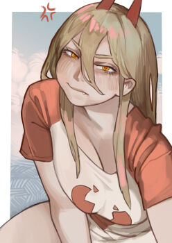 1girl absurdres anger_vein blonde_hair breasts chainsaw_man cleavage closed_mouth cross-shaped_pupils demon_girl demon_horns fang hair_between_eyes highres horns large_breasts long_hair looking_at_viewer miao_jiangyou power_(chainsaw_man) red_horns red_shirt shirt solo symbol-shaped_pupils two-tone_shirt white_shirt yellow_eyes