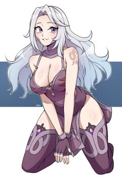 1girl breasts cleavage commentary commission curtained_hair dress english_commentary fingerless_gloves full_body gloves grey_hair highres kneeling large_breasts long_hair looking_at_viewer oninuer original parted_lips pelvic_curtain purple_dress purple_eyes purple_gloves purple_thighhighs smile solo thighhighs v_arms