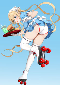 Rule 34 | 1girl, absurdres, apron, ass, blend s, blonde hair, blue dress, blue eyes, blue sky, blush, bow, breasts, burger, commentary request, cup, diner, disposable cup, dress, dress bow, drinking straw, food, french fries, from behind, full body, gibun (sozoshu), gloves, hair between eyes, headscarf, highres, hinata kaho, holding, holding tray, large breasts, long hair, looking at viewer, open mouth, outdoors, panties, roller skates, shoes, short sleeves, skates, sky, solo, stile uniform, thighhighs, thighs, tray, twintails, underwear, very long hair, waitress, white bow, white gloves, white headscarf, white panties, white shoes, white thighhighs