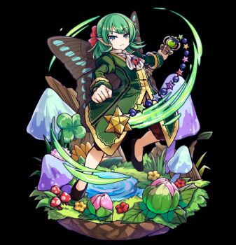 1boy :< ascot black_background black_shoes bow closed_mouth elf flower flying full_body green_eyes green_hair green_jacket hair_bow half_updo highres holding holding_rod insect_wings jacket long_sleeves merc_storia merc_storia_art_team mushroom official_art outstretched_arm pointy_ears red_bow red_shorts rod shirt shoes shorts simple_background solo tachi-e tree tsurime v-shaped_eyebrows water white_ascot white_shirt wings yuan_(merc_storia)