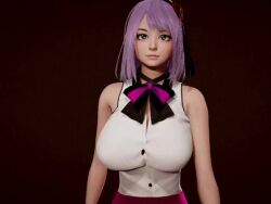 1girl 3d animated blinking blue_eyes bouncing_breasts bow bowtie breasts dagashi_kashi dress hair_ornament huge_breasts large_breasts lips looking_at_viewer medium_hair pale_skin purple_hair sankaku71 shidare_hotaru short_hair skirt sleeveless sleeveless_dress smile solo solo_focus tagme video walking