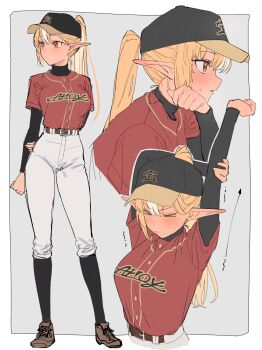 1girl arm_behind_back baseball_cap baseball_uniform belt black_hat black_socks blonde_hair blush border breasts brown_shoes closed_eyes closed_mouth dark-skinned_female dark_skin from_side full_body grey_background hair_behind_ear hat highres hololive long_hair long_sleeves multicolored_hair multiple_views open_mouth pants pointy_ears ponytail red_eyes red_shirt shino_12a shiranui_flare shirt shirt_tucked_in shoes short_sleeves sidelocks simple_background socks sportswear standing streaked_hair stretching sweat turtleneck virtual_youtuber white_border white_hair white_pants wiping_sweat