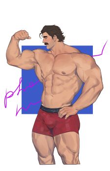 1boy abs absurdres akunaakun_(kunkun586586) bara bare_pectorals biceps boxers bulge character_name closed_eyes dispatch facial_hair flexing hand_on_own_hip highres looking_at_viewer male_focus male_underwear muscular muscular_male mustache navel nipples pectorals phenomaman red_male_underwear topless_male underwear