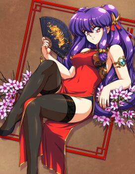 1990s_(style) 1girl armlet black_thighhighs breasts china_dress chinese_clothes double_bun dress flower hair_bun hand_fan highres invisible_chair jewelry knee_up long_hair medium_breasts pelvic_curtain pink_flower purple_hair ranma_1/2 red_dress red_eyes retro_artstyle shampoo_(ranma_1/2) side_slit sirknightbot sitting sleeveless sleeveless_dress smile solo thighhighs tight_clothes tight_dress