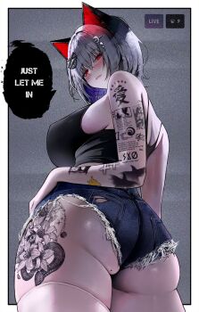 Rule 34 | 1girl, animal ears, arm tattoo, ass, black shirt, blue hair, blue shorts, blush, breasts, colored inner hair, crescent, crescent hair ornament, crop top, cutoffs, denim, denim shorts, english text, from behind, gluteal fold, grey hair, hair ornament, hairclip, hand on own hip, havoc-chan, huge ass, large breasts, leg tattoo, lips, livestream, looking back, mole, mole on ass, mole under eye, multicolored hair, original, red eyes, shirt, short hair, short shorts, shorts, sleeveless, sleeveless shirt, solo, speech bubble, standing, star (symbol), star hair ornament, static, suou-sensei, tattoo, thick thighs, thighhighs, thighs, torn clothes, torn shorts, white thighhighs