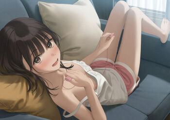 1girl :d barefoot black_hair blunt_bangs camisole commentary_request couch dildo egg_vibrator head_on_pillow highres holding holding_sex_toy indoors knees_up looking_at_viewer looking_back lying nipple_slip nipples on_back on_couch open_mouth original pillow pink_shorts sex_toy shorts smile solo spaghetti_strap strap_slip thighs tongue variant_set vibrator white_camisole yukishima_momo