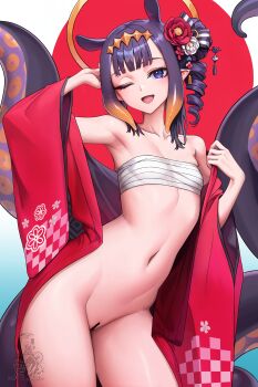 1girl ;d absurdres alternate_costume alternate_hairstyle arm_up armpits bar_censor blue_eyes breasts censored center-flap_bangs checkered_print chest_sarashi commentary contrapposto double-parted_bangs drill_hair drill_ponytail english_commentary flower gradient_hair hair_bun hair_flower hair_ornament hand_up headpiece highres hololive hololive_english japanese_clothes kimono looking_at_viewer multicolored_hair navel ninomae_ina&#039;nis one_eye_closed open_clothes open_kimono open_mouth orange_hair print_kimono purple_hair red_kimono sarashi short_hair side_ponytail side_up_bun single_hair_bun small_breasts smile solo stomach tentacle_hair tentacles unstableboiler virtual_youtuber wide_sleeves