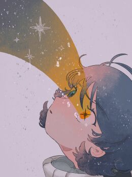 Rule 34 | 1boy, artist name, blue eyes, blue hair, commentary, crying, crying with eyes open, from side, grey background, gundam, highres, kamille bidan, looking up, male focus, parted lips, portrait, sh no2 39, short hair, sideways mouth, signature, solo, star (sky), star (symbol), star in eye, symbol in eye, tears, twitter username, watermark, zeta gundam