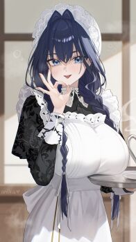 1girl :p absurdres anska apron black_dress blue_eyes blue_hair blurry blurry_background braid breasts breasts_on_tray commentary dress embroidered_dress embroidery empire_waist english_commentary fanged_bangs frilled_apron frilled_hat frills hair_between_eyes hair_intakes hair_over_shoulder hand_up hat highres holding hololive hololive_english huge_breasts indoors juliet_sleeves long_hair long_sleeves looking_at_viewer low_twin_braids maid maid_apron mob_cap official_alternate_costume official_alternate_hairstyle ok_sign ouro_kronii ouro_kronii_(maid) puffy_sleeves puritan_collar solo tongue tongue_out twin_braids victorian_maid virtual_youtuber white_apron white_hat