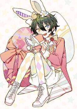 1boy amanemio2 animal_ear_fluff animal_ears blue_eyes bow commentary easter_egg egg ensemble_stars! fake_animal_ears flower green_hair hat heterochromia holding holding_unworn_clothes holding_unworn_hat kagehira_mika knees_up long_sleeves looking_at_viewer male_focus open_mouth pink_hat rabbit_ears red_bow red_flower red_rose rose shoelaces shoes short_hair sitting smile solo star_(symbol) symbol-only_commentary tailcoat teeth top_hat unworn_hat unworn_headwear upper_teeth_only white_shoes yellow_eyes