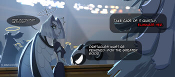 2girls absurdres artist_name black_dress breasts commentary dress english_commentary english_text feathered_wings from_side grey_dress grimmie02 halo hazbin_hotel hellaverse helmet highres horns lute_(hazbin_hotel) multiple_girls parted_bangs sera_(hazbin_hotel) short_hair small_breasts speech_bubble unworn_headwear unworn_helmet white_hair wings