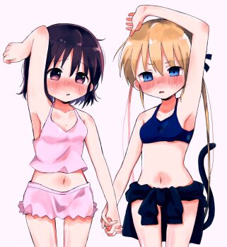 2girls armpits arms_up blonde_hair blue_eyes blush brown_eyes brown_hair camisole cat_tail hair_ribbon hanabi_(yuruneko0624) holding_hands highres kill_me_baby long_hair looking_at_viewer multiple_girls navel oribe_yasuna ribbon short_hair sonya_(kill_me_baby) sports_bra sweat tail twintails