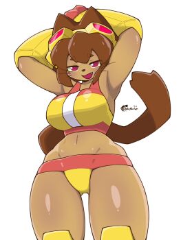 1girl alternate_costume animal_ears armpits arms_behind_back arms_up bikini breasts brown_hair cat_ears cat_girl cat_tail commentary curvy dark-skinned_female dark_skin fang furry furry_female gameoverse goggles groin highres kit_bodega large_breasts looking_at_viewer mystery_girl2077 navel official_alternate_costume open_mouth red_eyes short_eyebrows short_hair signature simple_background smile solo swimsuit tail thong thong_bikini two-tone_swimsuit untranslatable_commentary whiskers white_background wide_hips yellow_bikini yellow_gauntlets