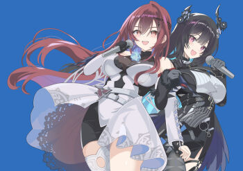 Rule 34 | 2girls, :d, ahoge, asymmetrical horns, bare shoulders, black dress, black gloves, black hair, black horns, blue background, blue fire, breasts, demon horns, double-parted bangs, dress, elizabeth rose bloodflame, elizabeth rose bloodflame (1st costume), fire, flower, glawsbsxpytn7j9, gloves, hair between eyes, hashtag-only commentary, holding, holding microphone, hololive, hololive english, horn flower, horns, huge ahoge, large breasts, long hair, long sleeves, looking at viewer, microphone, multiple girls, music, nerissa ravencroft, nerissa ravencroft (1st costume), open mouth, pink eyes, red eyes, red hair, shirt, simple background, singing, smile, uneven horns, virtual youtuber, white dress, white shirt