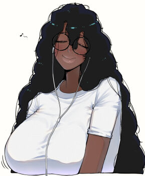 1girl black_hair blush breasts broccoli_(ohasi) closed_eyes commentary dark-skinned_female dark_skin earphones glasses kinky_hair large_breasts listening_to_music long_hair musical_note ohasi original round_eyewear shirt short_sleeves smile solo symbol-only_commentary thick_lips u_u upper_body very_dark_skin white_shirt