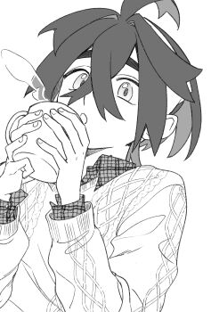 1boy :o ahoge blowing_on_food collared_shirt commentary_request crossed_bangs cup greyscale hair_between_eyes hairband highres holding holding_cup kieran_(pokemon) layered_shirt looking_at_object male_focus mole mole_on_neck monochrome mug multicolored_hair naruse_makoto nintendo plaid_clothes plaid_shirt pokemon pokemon_sv shirt solo sweater two-tone_hair