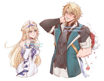 1boy 1girl aqua_jacket armor artist_name asymmetrical_sleeves bare_shoulders beret black_shirt blonde_hair blue_eyes bouquet breastplate commentary detached_sleeves dress english_commentary flower genshin_impact hat hetero jacket long_dress long_hair long_sleeves looking_at_another manlyplumsour nicole_reeyn open_clothes open_jacket red_flower shirt short_hair short_sleeves simple_background smile teeth upper_body varka_(genshin_impact) white_background white_dress white_hat white_sleeves